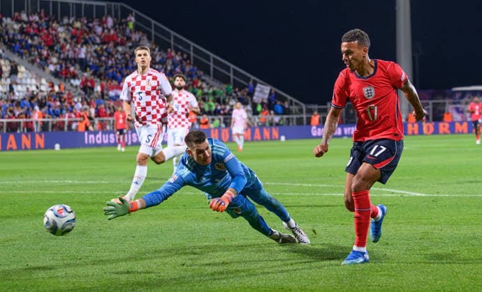 03 October 2026 - Croatia v England - UEFA Nations League - Stadion HNK - Rijeka - Croatia. Croatia v England - UEFA Nations League - Stadion HNK - Rijeka - Croatia. England s Morgan Rogers scores. Picture : Mark Pain RIJEKA CROATIA  Copyright: xMarkxPainx