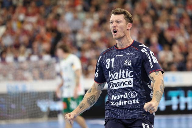 03.10.2026, xBHAx, Handball, Opel HBL, Saison 2026 2027, 1.HBL, SG Flensburg-Handewitt - FRISCH AUF! Göppingen, GGW Arena: jubelnder Emil Jacobsen (SG Flensburg-Handewitt, 31) Schleswig-Holstein Deutschkand