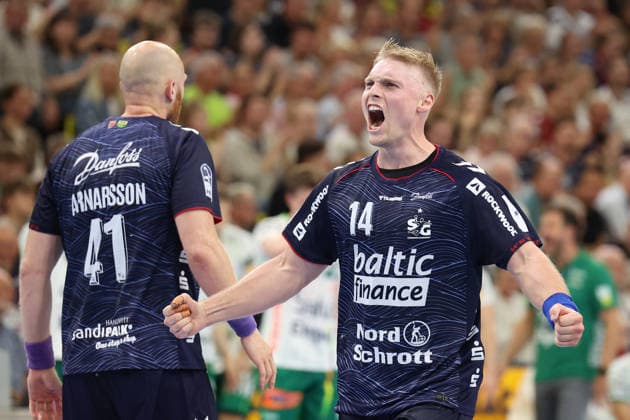 03.10.2026, xBHAx, Handball, Opel HBL, Saison 2026 2027, 1.HBL, SG Flensburg-Handewitt - FRISCH AUF! Göppingen, GGW Arena: Jubelnder Emil Bergholt(SG Flensburg-Handewitt, 14) Schleswig-Holstein Deutschkand