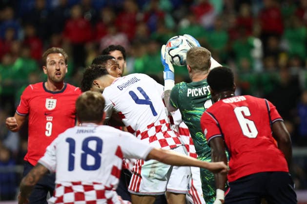 Rijeka, Croatia, 3rd October 2026. UEFA Nations League. Matchday 3, Group A3. Croatia v England at Rujevica, Rijeka. Jordan PICKFORD (1) catching the ball. Croatia v England, UEFA Nations League. 
