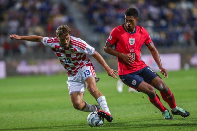 Rijeka, Croatia, 3rd October 2026. UEFA Nations League. Matchday 3, Group A3. Croatia v England at Rujevica, Rijeka. Nikola VLASIC (13) and Jude BELLINGHAM (10). Croatia v England, UEFA Nations League. 