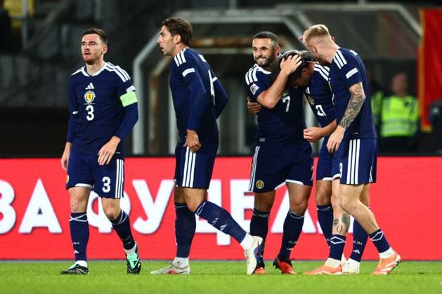 Kieron Bowie of Scotland celebrates scoring a goal to make the score 1-0. North Macedonia v Scotland, UEFA Nations League, Football, Nacionalna Arena Tose Proeski, Skopje, North Macedonia - 03 Oct 2026Skopje Nacionalna Arena Tose Proeski North Macedonia  Copyright: xNikolaxKrstic Shutterstockx 17184131bj