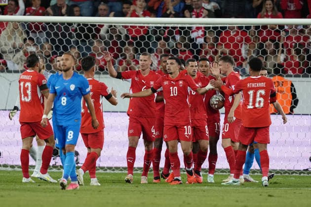 Luzern, Switzerland - October 03: Team Switzerland celebrates the goal scored by Erik Janza (13 SLO) (own goal) during the UEFA Nations League match between Switzerland and Slovenia at thermoplan arena on October 03, 2026 in Luzern, Switzerland. Copyright: xKjetilxWaberx xSPPx Sportspressphoto_SPR244723
