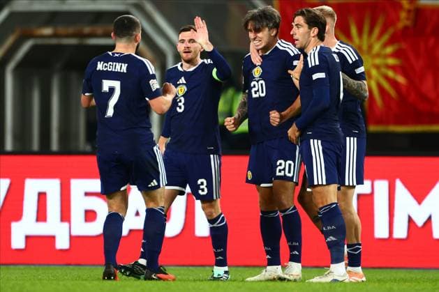Kieron Bowie of Scotland celebrates scoring a goal to make the score 1-0. North Macedonia v Scotland, UEFA Nations League, Football, Nacionalna Arena Tose Proeski, Skopje, North Macedonia - 03 Oct 2026Skopje Nacionalna Arena Tose Proeski North Macedonia  Copyright: xNikolaxKrstic Shutterstockx 17184131bq