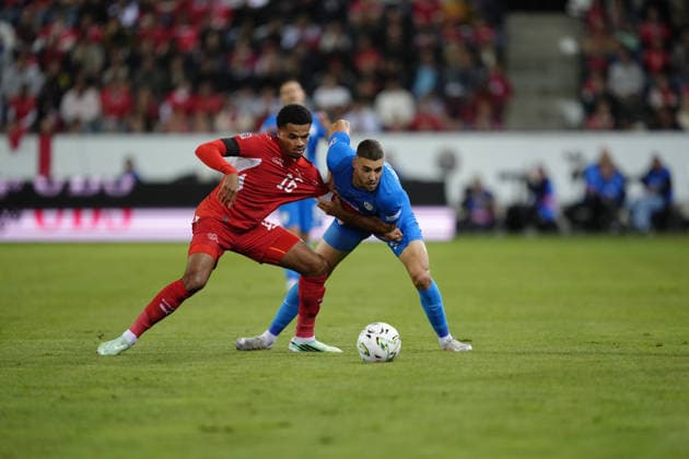 Luzern, Switzerland - October 03: Zachary Athekame (16 SUI) against Danijel Sturm (15 SLO) during the UEFA Nations League match between Switzerland and Slovenia at thermoplan arena on October 03, 2026 in Luzern, Switzerland. Copyright: xKjetilxWaberx xSPPx Sportspressphoto_SPR244724