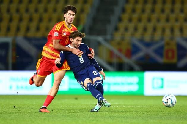Billy Gilmour of Scotland and Luka Stankovski of North Macedonia in action. North Macedonia v Scotland, UEFA Nations League, Football, Nacionalna Arena Tose Proeski, Skopje, North Macedonia - 03 Oct 2026Skopje Nacionalna Arena Tose Proeski North Macedonia  Copyright: xNikolaxKrstic Shutterstockx 17184131br