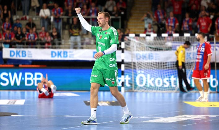 2026.10.03 Deutschland, Bietigheim Handball SG BBM Bietigheim vs. Berliner Füchse, Mathias Gidsel (Berlin) jubelt und ballt die Faust