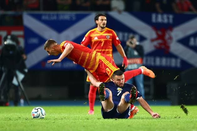 John McGinn of Scotland tackles Anes Meljichi of North Macedonia. North Macedonia v Scotland, UEFA Nations League, Football, Nacionalna Arena Tose Proeski, Skopje, North Macedonia - 03 Oct 2026Skopje Nacionalna Arena Tose Proeski North Macedonia  Copyright: xNikolaxKrstic Shutterstockx 17184131cb