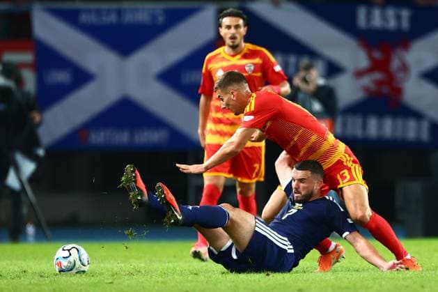John McGinn of Scotland tackles Anes Meljichi of North Macedonia. North Macedonia v Scotland, UEFA Nations League, Football, Nacionalna Arena Tose Proeski, Skopje, North Macedonia - 03 Oct 2026Skopje Nacionalna Arena Tose Proeski North Macedonia  Copyright: xNikolaxKrstic Shutterstockx 17184131cc