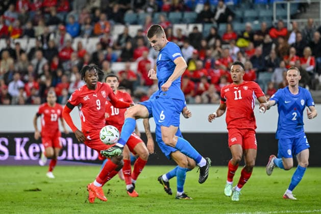 Johan Manzambi (Switzerland), Jaka Bijol (Slovenia), Dan Ndoye (Switzerland) and Zan Karnicnik (Slovenia) battle for the ball during the UEFA Nations League 2026 27 group phase match between Switzerland and Slovenia at Luzern Arena on October 3, 2026 in Lucerne, Switzerland. (Photo by Harry Langer DeFodi Images) -