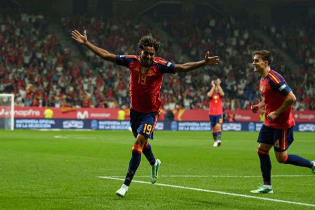 Lamine Yamal seen celebrating after scoring goal during Nations League Division A game between national teams of Spain and Czech Republic (Marta Lopez Ball Raw Images) Oviedo Estadio Carlos Tartiere Spain Copyright: xMartaxLopezx martalopez_spain_czech_2627-2
