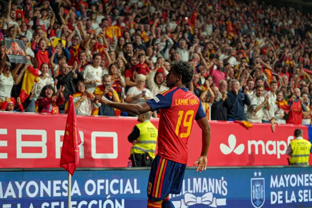Lamine Yamal seen celebrating after scoring goal during Nations League Division A game between national teams of Spain and Czech Republic (Marta Lopez Ball Raw Images) Oviedo Estadio Carlos Tartiere Spain Copyright: xMartaxLopezx martalopez_spain_czech_2627-7A