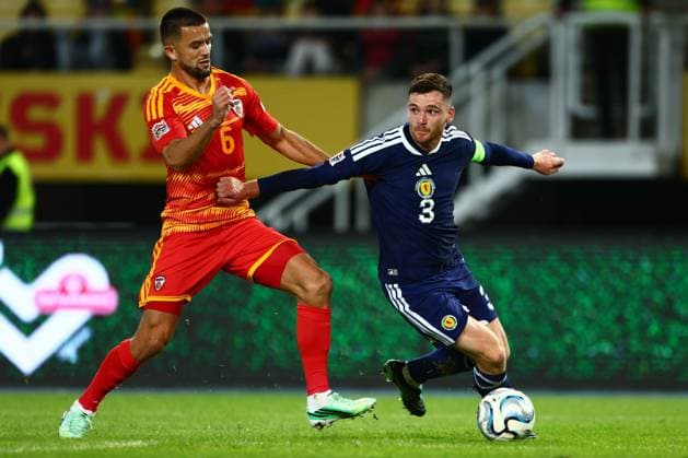 Visar Musliu of North Macedonia and Andy Robertson of Scotland in action. North Macedonia v Scotland, UEFA Nations League, Football, Nacionalna Arena Tose Proeski, Skopje, North Macedonia - 03 Oct 2026Skopje Nacionalna Arena Tose Proeski North Macedonia  Copyright: xNikolaxKrstic Shutterstockx 17184131ck