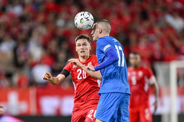 Michel Aebischer (Switzerland) and David Zec (Slovenia) battle for the ball during the UEFA Nations League 2026 27 group phase match between Switzerland and Slovenia at Luzern Arena on October 3, 2026 in Lucerne, Switzerland. (Photo by Harry Langer DeFodi Images) -