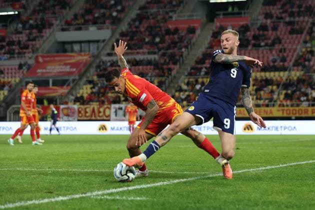 Sebastian Herrera of North Macedonia and Oliver McBurnie of Scotland in action. North Macedonia v Scotland, UEFA Nations League, Football, Nacionalna Arena Tose Proeski, Skopje, North Macedonia - 03 Oct 2026Skopje Nacionalna Arena Tose Proeski North Macedonia  Copyright: xNikolaxKrstic Shutterstockx 17184131cu