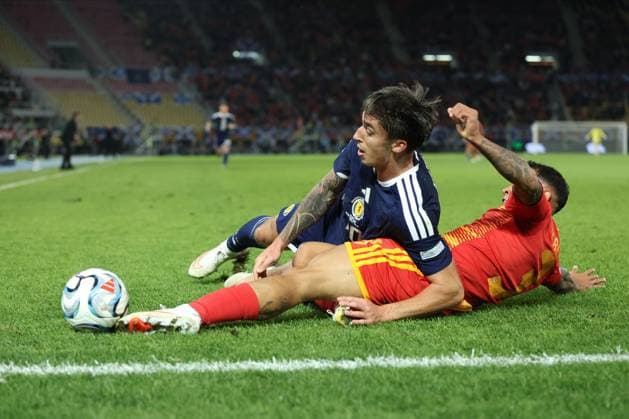 Kieron Bowie of Scotland and Sebastian Herrera of North Macedonia in action. North Macedonia v Scotland, UEFA Nations League, Football, Nacionalna Arena Tose Proeski, Skopje, North Macedonia - 03 Oct 2026Skopje Nacionalna Arena Tose Proeski North Macedonia  Copyright: xNikolaxKrstic Shutterstockx 17184131dh