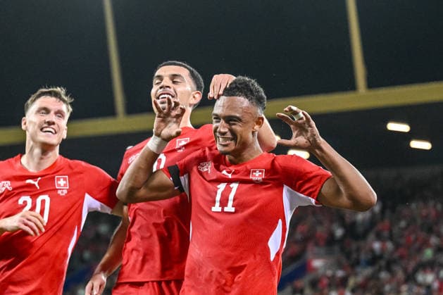 Dan Ndoye (Switzerland) celebrates after scoring his team s second goal with teammates during the UEFA Nations League 2026 27 group phase match between Switzerland and Slovenia at Luzern Arena on October 3, 2026 in Lucerne, Switzerland. (Photo by Harry Langer DeFodi Images) -