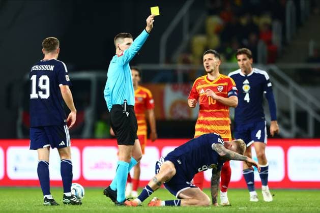 Mario Mladenovski of North Macedonia (not pictured) is given a yellow card by referee Francois Letexier. North Macedonia v Scotland, UEFA Nations League, Football, Nacionalna Arena Tose Proeski, Skopje, North Macedonia - 03 Oct 2026Skopje Nacionalna Arena Tose Proeski North Macedonia  Copyright: xNikolaxKrstic Shutterstockx 17184131dp