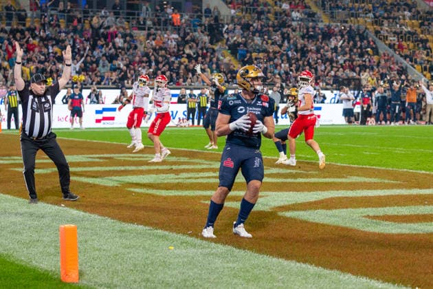 touchdown Ethan Janto (Dresden Monarchs, 09 Tight End) Dresden Monarchs vs Potsdam Royals, American Football, German Football League, Week 22, Championship Game, 2026, 03.10.2026, Dresden Rudolf Harbig Stadion Saxony Germany Copyright: xPFA SebastianxJustx