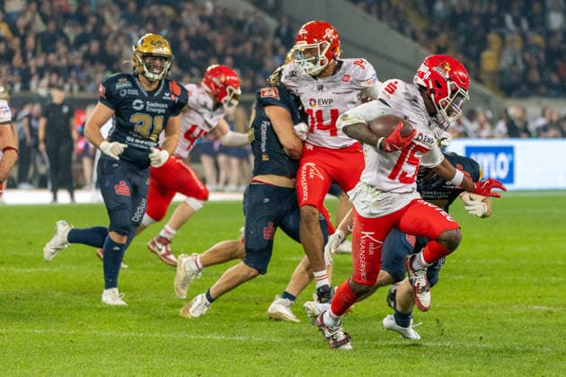Keyshawn Smith (Potsdam Royals, 15 Wide Receiver) returns the kick off ball Dresden Monarchs vs Potsdam Royals, American Football, German Football League, Week 22, Championship Game, 2026, 03.10.2026, Dresden Rudolf Harbig Stadion Saxony Germany Copyright: xPFA SebastianxJustx