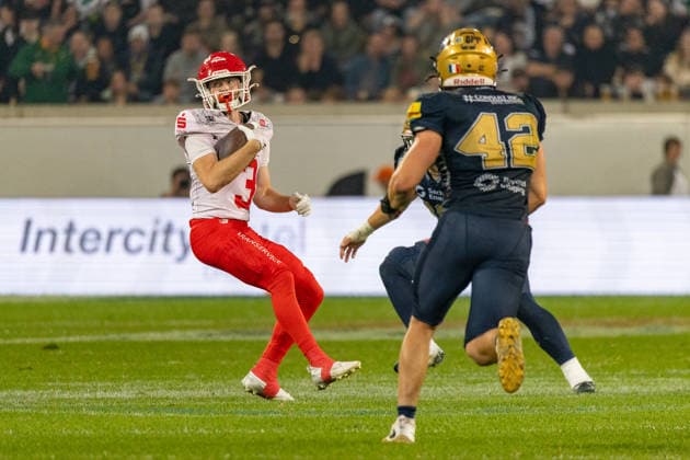 Maximilian McLeod (Potsdam Royals, 03 Wide Receiver) catches the ball Dresden Monarchs vs Potsdam Royals, American Football, German Football League, Week 22, Championship Game, 2026, 03.10.2026, Dresden Rudolf Harbig Stadion Saxony Germany Copyright: xPFA SebastianxJustx