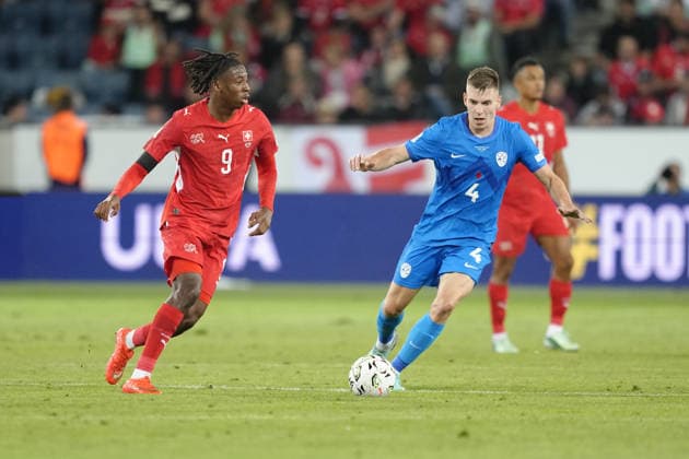 Luzern, Switzerland - October 03: Johan Manzambi (9 SUI) in duel for the ball with Mark Zabukovnik (4 SLO) during the UEFA Nations League match between Switzerland and Slovenia at thermoplan arena on October 03, 2026 in Luzern, Switzerland. Copyright: xKjetilxWaberx xSPPx Sportspressphoto_SPR244764