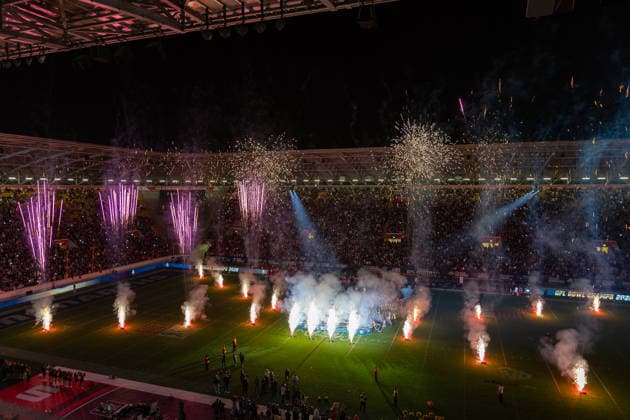 Firework after the game to celebrate the Dresden Monarchs win Dresden Monarchs vs Potsdam Royals, American Football, German Football League, Week 22, Championship Game, 2026, 03.10.2026, Dresden Rudolf Harbig Stadion Saxony Germany Copyright: xPFA SebastianxJustx