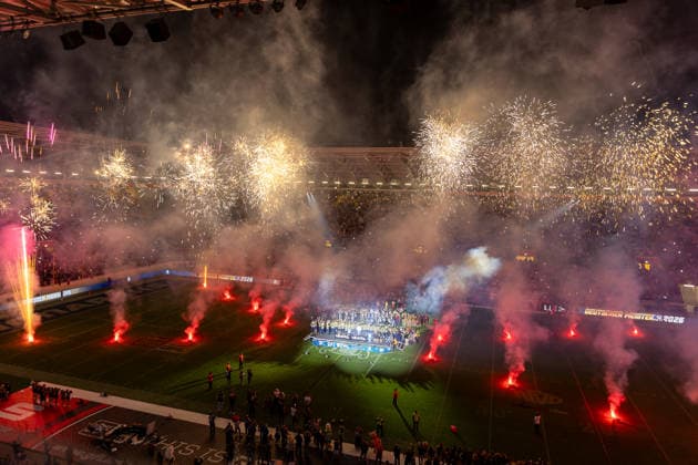 Firework after the game to celebrate the Dresden Monarchs win Dresden Monarchs vs Potsdam Royals, American Football, German Football League, Week 22, Championship Game, 2026, 03.10.2026, Dresden Rudolf Harbig Stadion Saxony Germany Copyright: xPFA SebastianxJustx