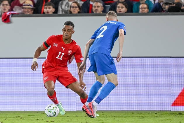 Dan Ndoye (Switzerland) and Zan Karnicnik (Slovenia) battle for the ball during the UEFA Nations League 2026 27 group phase match between Switzerland and Slovenia at Luzern Arena on October 3, 2026 in Lucerne, Switzerland. (Photo by Harry Langer DeFodi Images) -