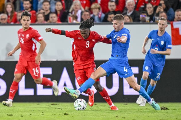 Johan Manzambi (Switzerland) and Zan Celar (Slovenia) battle for the ball during the UEFA Nations League 2026 27 group phase match between Switzerland and Slovenia at Luzern Arena on October 3, 2026 in Lucerne, Switzerland. (Photo by Harry Langer DeFodi Images) -