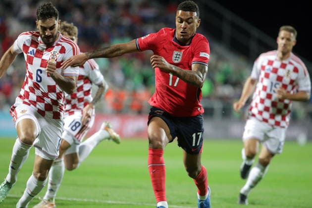 Croatia v England - UEFA Nations League 2026 27 Group A3 MD3 RIJEKA, CROATIA - OCTOBER 3: Josip Sutalo of Croatia and Morgan Rogers of England compete for a ball during the UEFA Nations League 2026 27 group phase match between Croatia and England at Stadion HNK Rijeka on October 3, 2026 in Rijeka, Croatia.  GoranxKovacic PIXSELL