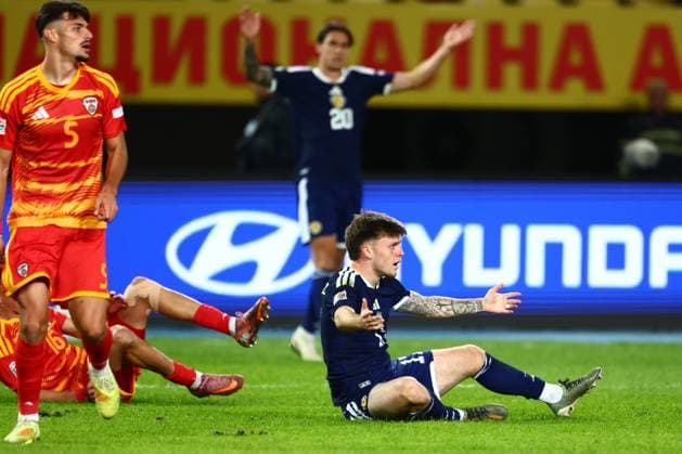 Ben Gannon-Doak of Scotland shows a look of frustration after being fouled by Matej Gashtarov of North Macedonia (not pictured) in the penalty area. North Macedonia v Scotland, UEFA Nations League, Football, Nacionalna Arena Tose Proeski, Skopje, North Macedonia - 03 Oct 2026Skopje Nacionalna Arena Tose Proeski North Macedonia  Copyright: xNikolaxKrstic Shutterstockx 17184131ed