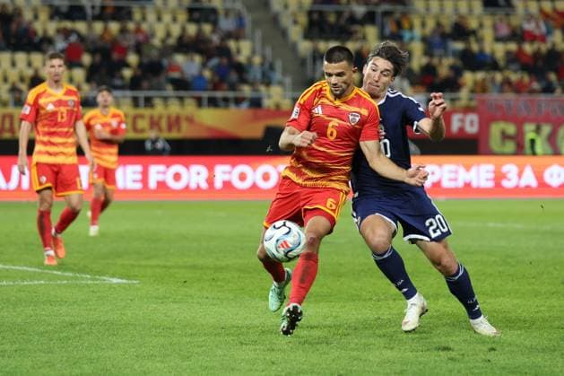 Visar Musliu of North Macedonia and Kieron Bowie of Scotland in action. North Macedonia v Scotland, UEFA Nations League, Football, Nacionalna Arena Tose Proeski, Skopje, North Macedonia - 03 Oct 2026Skopje Nacionalna Arena Tose Proeski North Macedonia  Copyright: xNikolaxKrstic Shutterstockx 17184131et