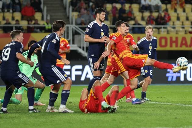 Players clash in the penalty area. North Macedonia v Scotland, UEFA Nations League, Football, Nacionalna Arena Tose Proeski, Skopje, North Macedonia - 03 Oct 2026Skopje Nacionalna Arena Tose Proeski North Macedonia  Copyright: xNikolaxKrstic Shutterstockx 17184131fb