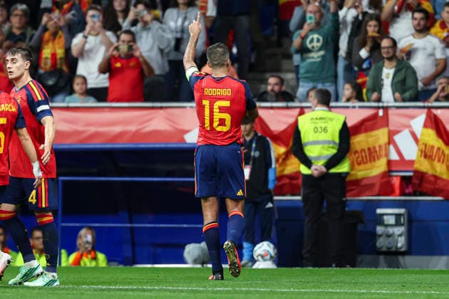 October 3, 2026, Oviedo, Asturias, Spain: Rodri of Spain celebrates after scoring his team s second goal during the UEFA Nations League 2026 27 group phase match between Spain and Czech Republic at Carlos Tartiere stadium on October 03, 2026, in Oviedo, Spain. Oviedo Spain - ZUMAa181 20261003_zaa_a181_104 Copyright: xIrinaxR.xHx