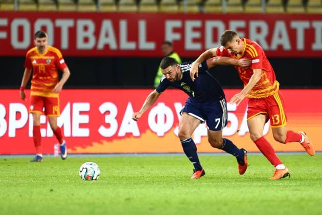 John McGinn of Scotland and Anes Meljichi of North Macedonia in action. North Macedonia v Scotland, UEFA Nations League, Football, Nacionalna Arena Tose Proeski, Skopje, North Macedonia - 03 Oct 2026Skopje Nacionalna Arena Tose Proeski North Macedonia  Copyright: xNikolaxKrstic Shutterstockx 17184131fv