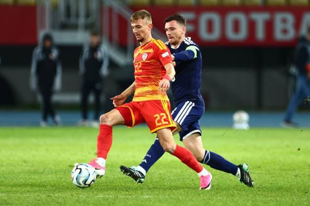 Hristijan Maleski of North Macedonia and Andy Robertson of Scotland in action. North Macedonia v Scotland, UEFA Nations League, Football, Nacionalna Arena Tose Proeski, Skopje, North Macedonia - 03 Oct 2026Skopje Nacionalna Arena Tose Proeski North Macedonia  Copyright: xNikolaxKrstic Shutterstockx 17184131gi