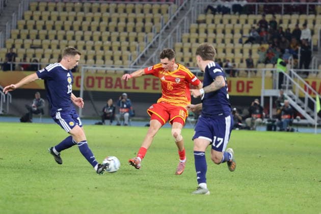 North Macedonia v Scotland - UEFA Nations League SKOPJE, NORTH MACEDONIA - OCTOBER 03: Lewis Ferguson (19) of Scotland in action against Matej Gashtarov (16) of North Macedonia during the UEFA Nations B League Group 1 match between North Macedonia and Scotland at National Arena Tose Proeski in Skopje, North Macedonia on October 03, 2026. Umeys Sulejman Anadolu Skopje North Macedonia. Editorial use only. Please get in touch for any other usage.  Copyright: x2026xAnadoluxUmeysxSulejmanx