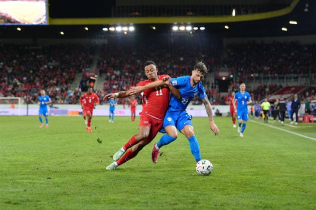 Luzern, Switzerland - October 03: David Brekalo (23 SLO) against Dan Ndoye (11 SUI) during the UEFA Nations League match between Switzerland and Slovenia at thermoplan arena on October 03, 2026 in Luzern, Switzerland. Copyright: xKjetilxWaberx xSPPx Sportspressphoto_SPR244826