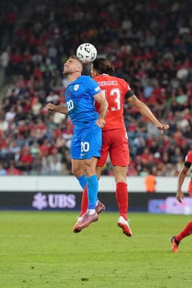 Luzern, Switzerland - October 03: Aljosa Matko (20 SLO) in a header duel with Ricardo Rodriguez Araya (13 SUI) during the UEFA Nations League match between Switzerland and Slovenia at thermoplan arena on October 03, 2026 in Luzern, Switzerland. Copyright: xKjetilxWaberx xSPPx Sportspressphoto_SPR244850