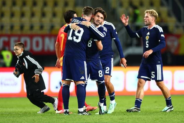 Lewis Ferguson of Scotland celebrates with Billy Gilmour of Scotland after the game. North Macedonia v Scotland, UEFA Nations League, Football, Nacionalna Arena Tose Proeski, Skopje, North Macedonia - 03 Oct 2026Skopje Nacionalna Arena Tose Proeski North Macedonia  Copyright: xNikolaxKrstic Shutterstockx 17184131hl