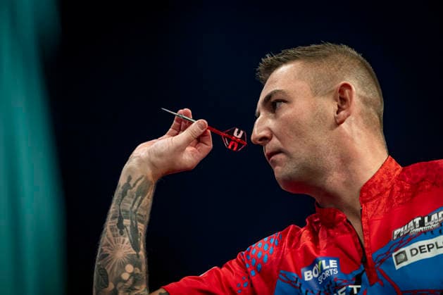 RECORD DATE NOT STATED 3rd October 2026; Mattioli Arena, Leicester, England; PDC World Grand Prix Darts Day 6; Nathan Aspinall in action on the oche his semi final match against Gerwyn Price GodfreyxPitt