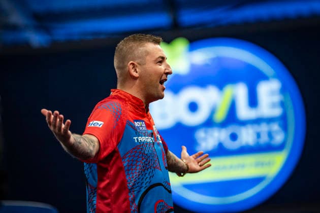 RECORD DATE NOT STATED 3rd October 2026; Mattioli Arena, Leicester, England; PDC World Grand Prix Darts Day 6; Nathan Aspinall dances on stage before his semi final match against Gerwyn Price GodfreyxPitt