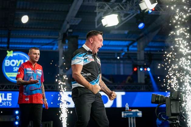 RECORD DATE NOT STATED 3rd October 2026; Mattioli Arena, Leicester, England; PDC World Grand Prix Darts Day 6; Gerwyn Price celebrates winning his semi final match against Nathan Aspinall GodfreyxPitt