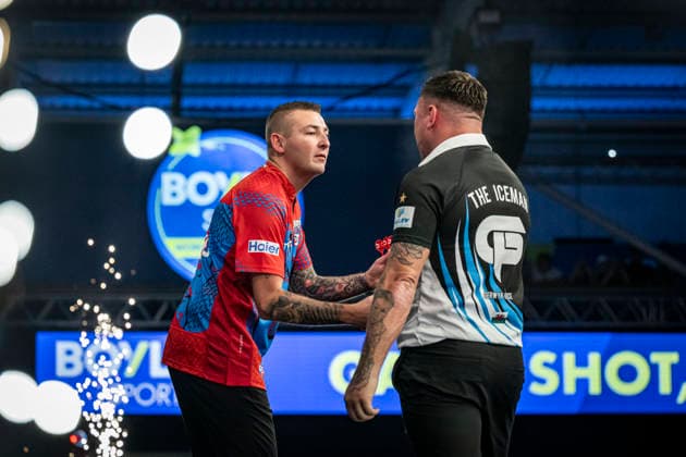RECORD DATE NOT STATED 3rd October 2026; Mattioli Arena, Leicester, England; PDC World Grand Prix Darts Day 6; Nathan Aspinall congratulates Gerwyn Price on his victory in their semi final match GodfreyxPitt