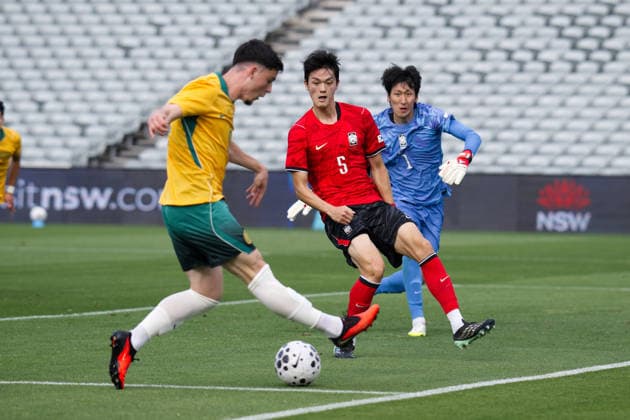 October 3, 2026, Gosford, Australia: Medin Merneti (L) of Australia football team, Ko Jonghyun (C) and Kim Minsco (R) of Korea Republic football team seen in action during the U23 International Friendlies match between Australia and Korea Republic held at polytec Stadium. Final score; Australia 1:2 Korea Republic. Gosford Australia - ZUMAs197 20261003_aaa_s197_148 Copyright: xLuisxVeniegrax