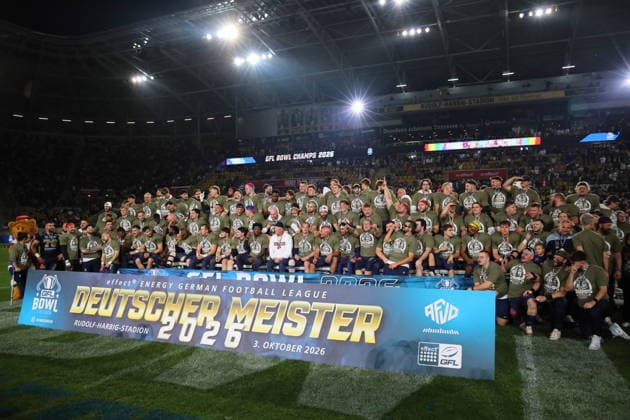 The team of the Dresden Monarchs wins the Championship, Dresden Monarchs vs Potsdam Royals, American Football, GFL, German Football League, Season 2026, GFL-Bowl, 03.10.2026, GFLBowl2026 Photo: PFA Klaus Sack Dresden Rudolf-Harbig-Stadion Deutschland Copyright: xPFA KlausxSackx