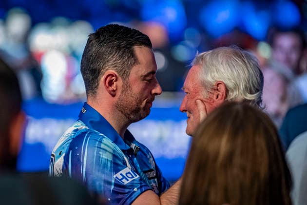 RECORD DATE NOT STATED 3rd October 2026; Mattioli Arena, Leicester, England; PDC World Grand Prix Darts Day 6; Luke Humphries celebrates with his dad after winning his semi final match against James Wade GodfreyxPitt