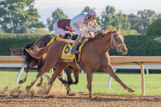 October 3, 2026, Lexington, Kentucky, USA: American History (6) ridden by John Velazquez wins the Claiborne Breeders Futurity (Grade 1) on October 3, 2026. Jessica Morgan Eclipse Sportswire CSM Lexington USA - ZUMAcs17 20261003_faf_cs17_148 Copyright: x01354200x