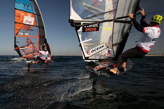 PWA - Citroen - World Windsurfing Tour Sylt 2026 - Tag 8 - Slalom Foil Men; Sylt Westerland, 03.10.2026 Bruno Martini (Slalom Foil Men, Italy, ITA-160); Sem Stroosma (Slalom Foil Men, Argentina, NED-450); Noah Vinther (Slalom Foil Men, Denmark, DEN-7777); PWA - Citroen - World Windsurfing Tour Sylt 2026 - Tag 8 - Slalom Foil Men am 03.10.2026 vor dem Brandenburger Strand - Motorboot auf Sylt Westerland (Deutschland). Copyright: xBEAUTIFULxSPORTS AndreasxDickx